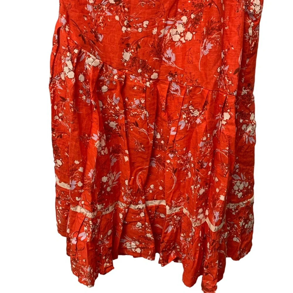 Free People One Shoulder Linen Floral Mini Dress Red Boho